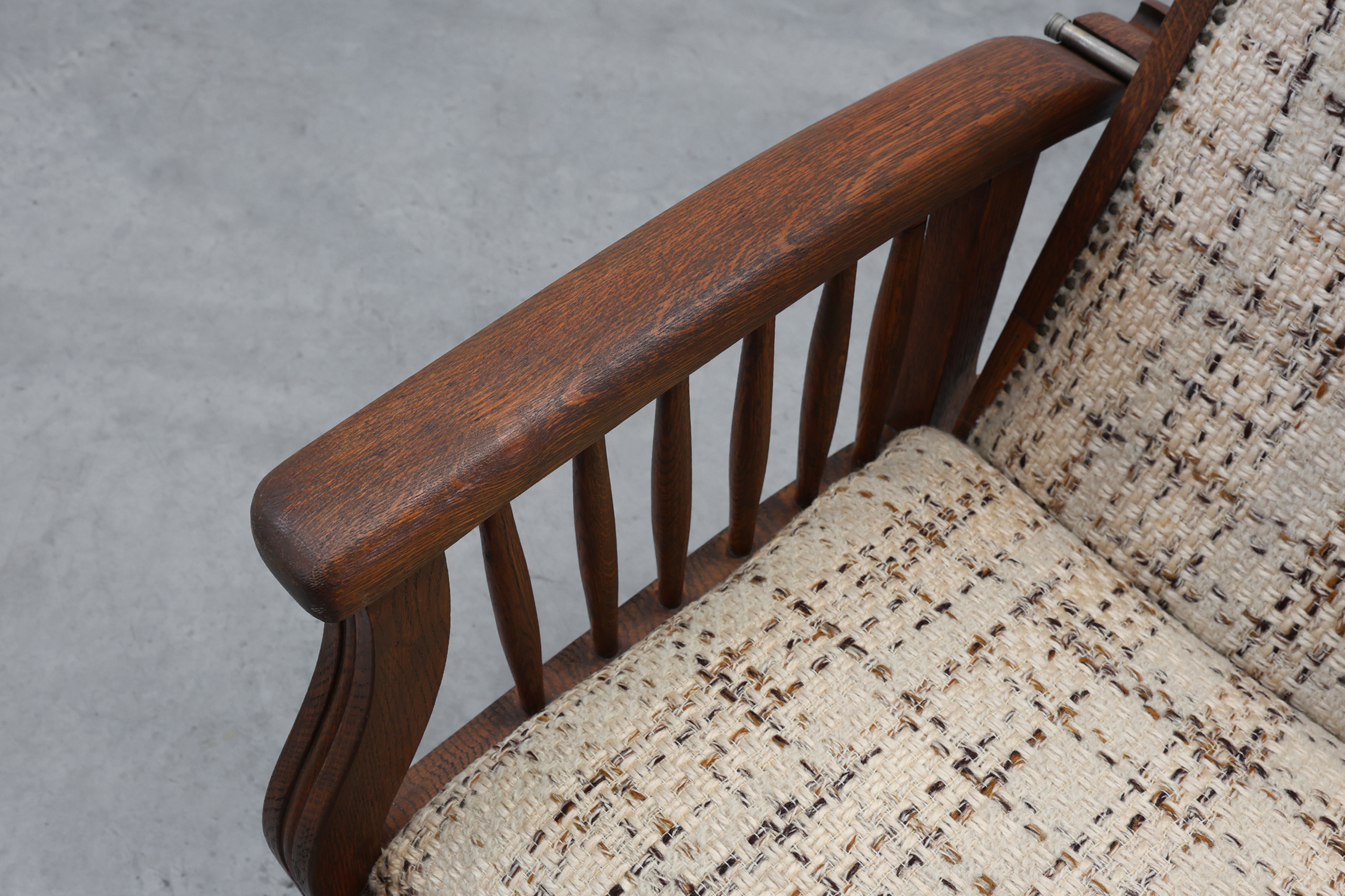 Arts & Craft oak armchair with spindle sides and tweed upholstery, Belgium, 1920sthumbnail